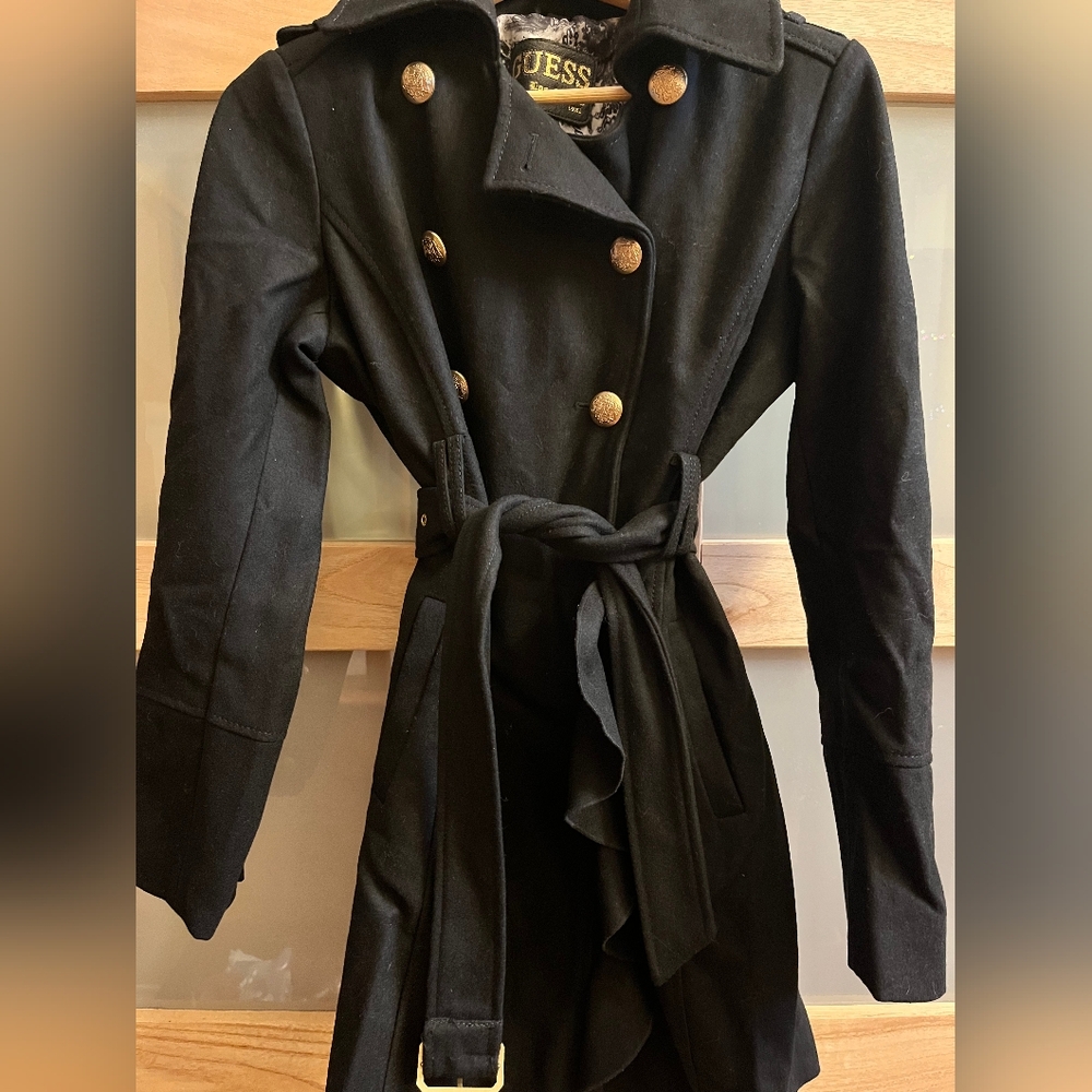 GUESS Black Wool-Blend Double-Breasted Trench Coat